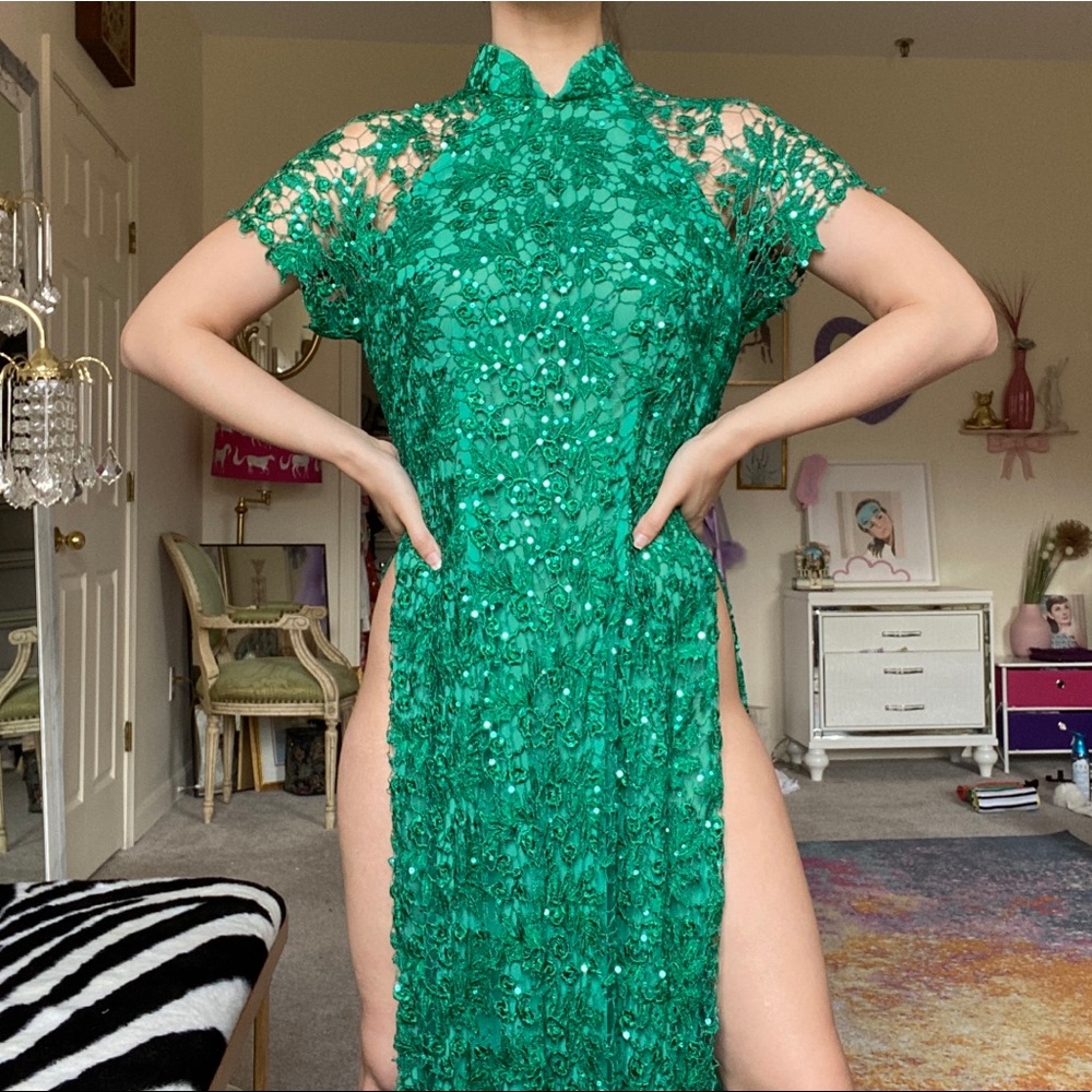 Handmade Asian Traditional Green Sequin Gown